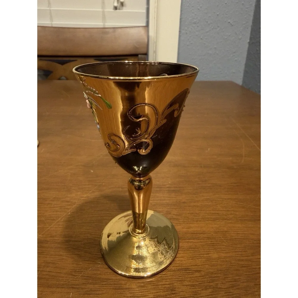 Lot Of 5 Vintage Handmade Murano Multi Color Gold Tre Fuochi Cordial Glasses